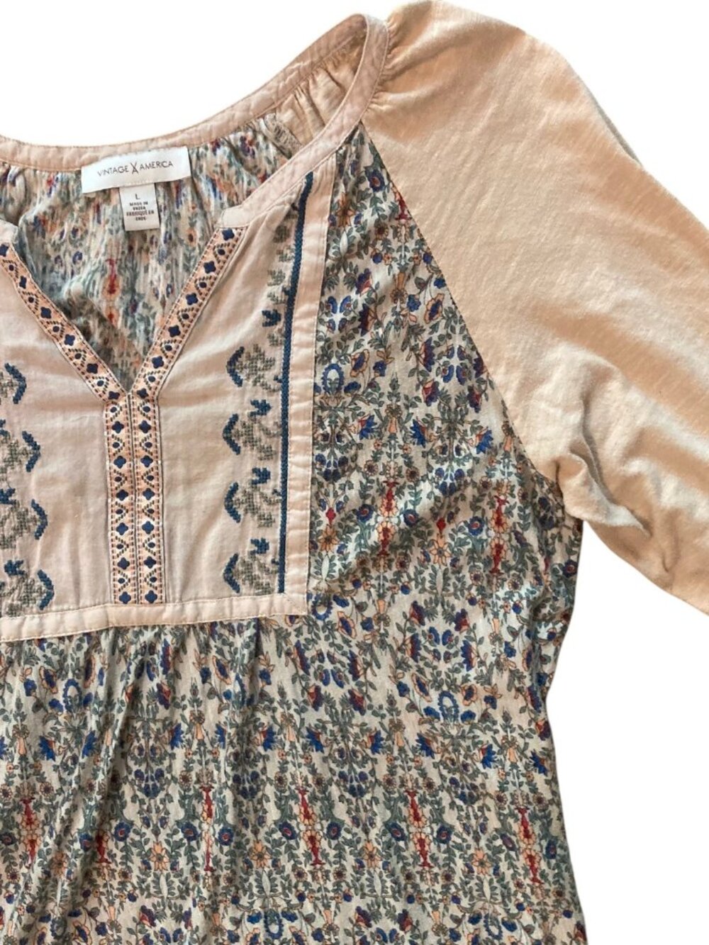 Women's VINTAGE AMERICA 3/4 Sleeve Embroidered Boho Peasant Blouse Size Large